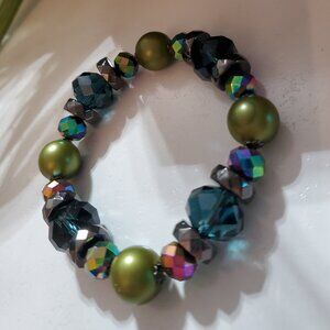 Green & Purple Beaded Stretch Bracelet with multi color faceted beads